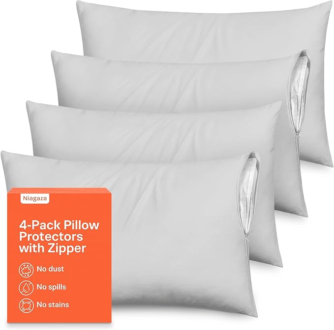 Ultra Soft Pillow Protectors with Zipper King Size - Set of 4 Breathable Pillow Covers - 100% Protection Against Stains, Dust & Dirt - Machine Washable (Light Gray)