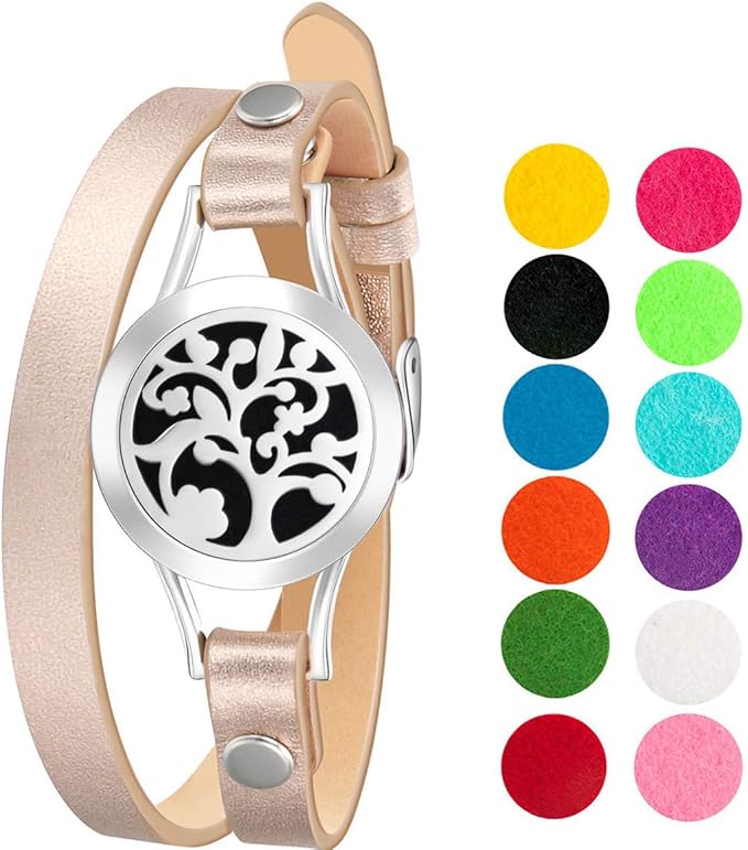 Wild Essentials Arbol Tree Essential Oil Bracelet Diffuser, Leather Wrap Band, Stainless Steel Locket Pendant, 12 Color Refill Pads, Customizable Color Changing Perfume Jewelry for Aromatherapy
