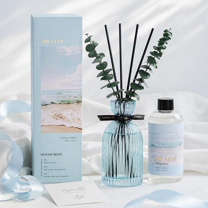 Airkeep Reed Diffuser Set 6.76 oz – Ocean Mist Home Fragrance with Eucalyptus Sticks – Decorative Glass Bottle for Bathroom, Bedroom & Living Room Décor – Gift Ready