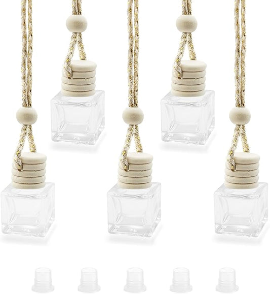 5 pcs Car Hanging Empty Glass Perfume Bottles Pendant Bottle, DIY Air Freshener Pendant, Empty Clear Glass Essential Diffuser Oil Aromatherapy, Glass Bottle Decor (Square)