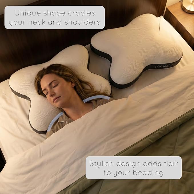 pillosophy SleepTheory Pillow • Butterfly Shape • Memory Foam Core • Contoured for Neck & Shoulder Alignment • Washable Cover • Medium Firmness • Perfect as Bed or Throw Pillow (Standard Size)