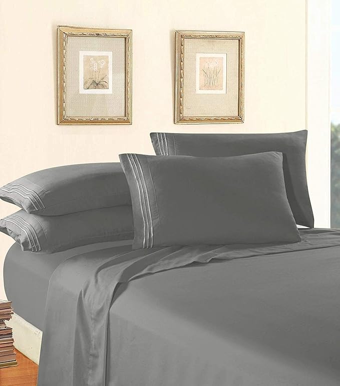 Elegant Comfort Luxury 1500 Premium Hotel Quality Microfiber 4-Piece Sheet Set - Wrinkle Resistant, All Around Elastic Fitted Sheet, Deep Pocket up to 16", RV Short Queen, Gray
