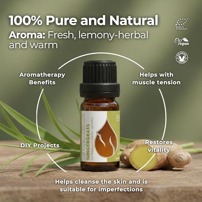 Essences Bulgaria Gingergrass Essential Oil 10ml (0.34 Fl Oz) | Cymbopogon Martini | 100% Pure and Natural | Undiluted | Aromatherapy | Cosmetics | Non-GMO | Cruelty-Free