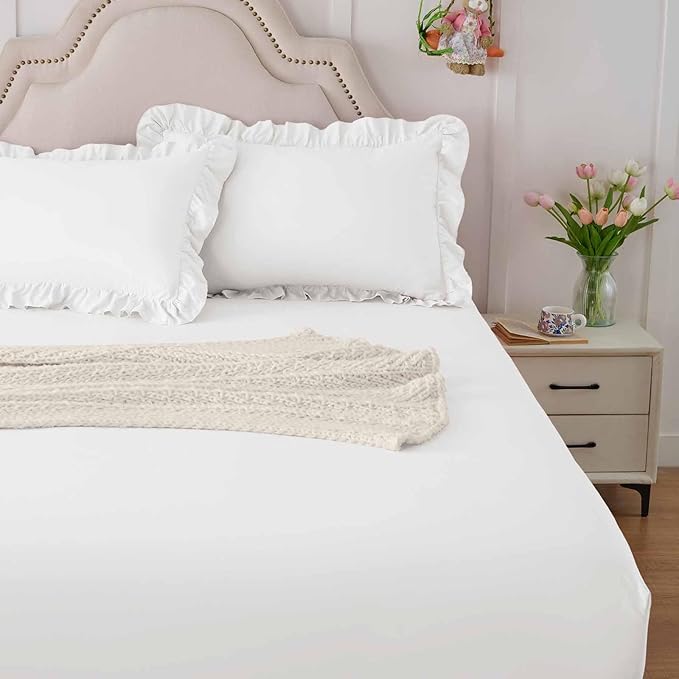 Homiest 3-Pieces Ruffle Pillow Case & Fitted Sheet Set, White Queen Sheets with 2 Ruffled Pillow Shams, 15 Inch Deep Pocket, Cute & Coquette Microfiber Bed Set for Decorating Bedroom Hotel