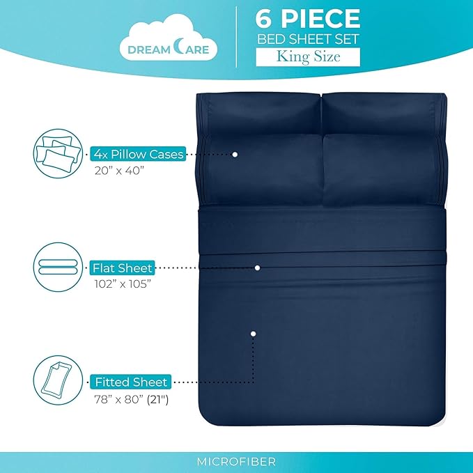 DREAMCARE California King Sheet Sets - 6 pcs Breathable Cooling Bed Sheets - up to 21" Extra Deep Cal King Sheets with Side Pockets - Extra Soft 100% Brushed Hypoallergenic Hotel Luxury Bedding N-Blue