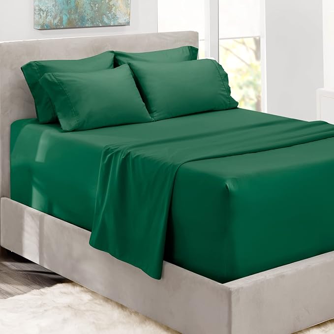 Hearth & Harbor Bed Sheets, Luxury Soft 6 Piece Bed Sheet Set Extra Deep Pocket Fitted Sheets Fits Mattress up to 21", Double Brushed Bedding Sheets & Pillowcases, Twin, Dark Green