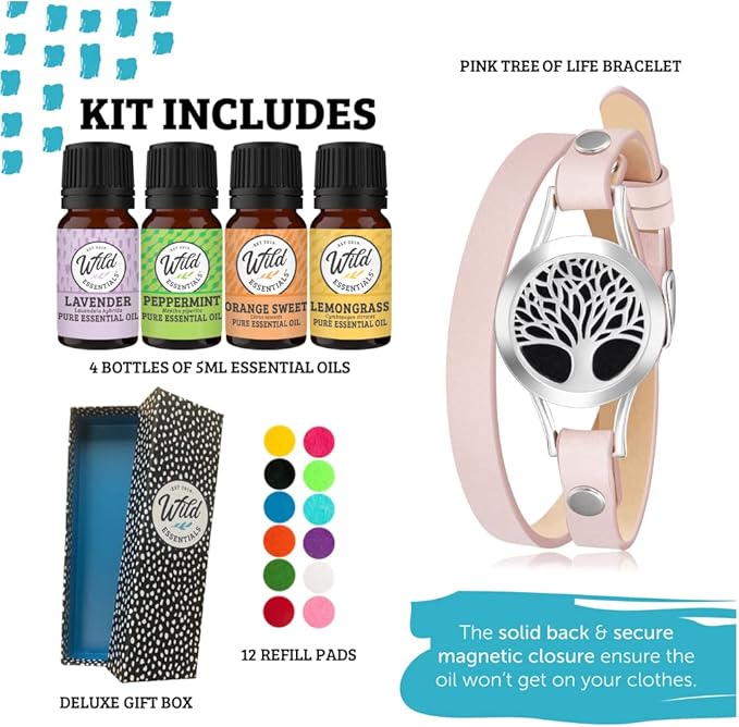 Wild Essentials Tree of Life Essential Oil Leather Wrap Bracelet Diffuser Kit, Gift Set, Lavender, Lemongrass, Peppermint, Orange Oils, 12 Pads, Customizable Color Changing Jewelry, Aromatherapy, Pink