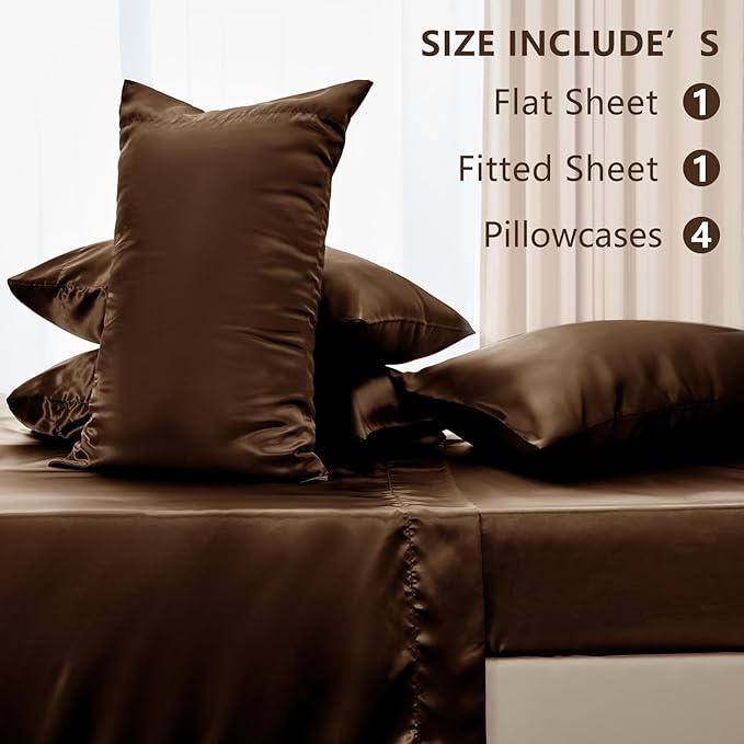 CozyLux Satin Sheets Queen Size Bed Set - 6 Piece Silky Queen Sheet Set, Luxury Brown Queen Sheets with Smooth and Soft Microfiber, Includes 1 Fitted Sheet, 1 Flat Sheet and 4 Pillowcases