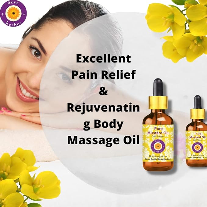 Deve Herbes Mustard Oil (Brassica juncea) with Glass Dropper | Cold Pressed | Pure | Natural | for Diluting Essential Oils | Hair, Skin & Massage | Non-Sticky| Lightweight| Unisex | 50ml (1.69 oz)