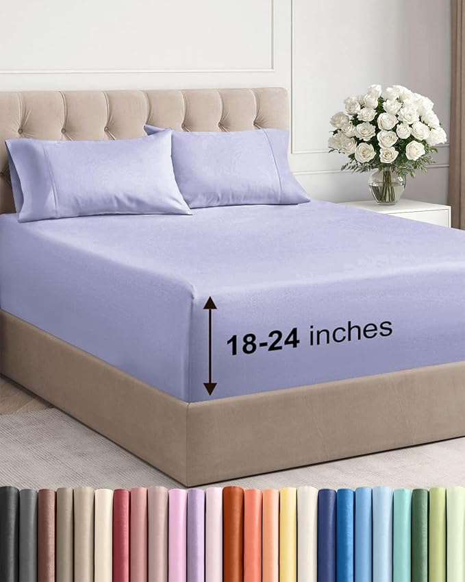 Extra Deep Full Sheet Set - 4 Piece Breathable & Cooling Bed Sheets - Easily Fits 18 to 24 inch Mattress - Ultra Soft, Wrinkle & Fade Free w/ Extra Deep Pockets - Comfy Hotel Luxury Bedding - Lavender