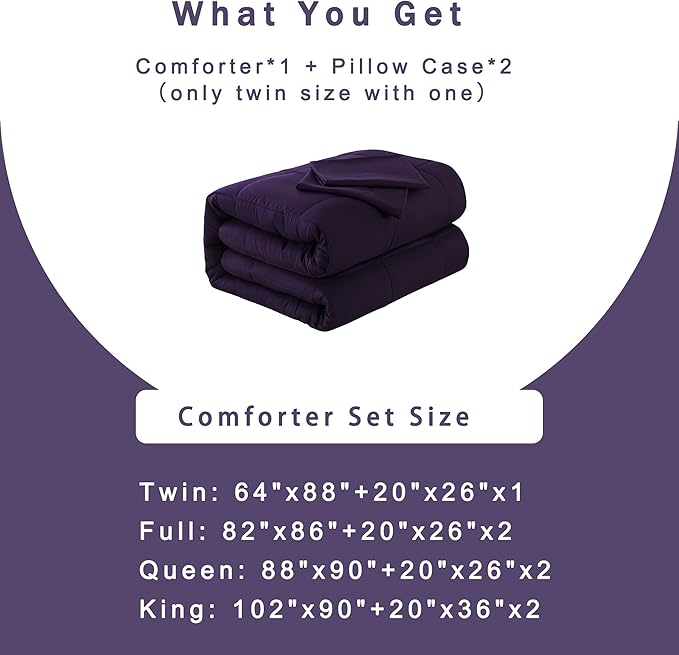 DOWNCOOL Queen Comforter Set -All Season Bedding Comforters Sets with 2 Pillow Cases-3 Pieces Bedding Sets Queen -Down Alternative Purple Queen Size Comforter Sets(88"x92")