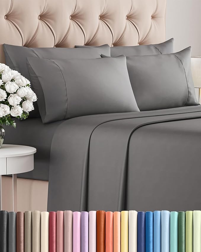 Queen 6 Piece Sheet Set - Comfy, Breathable & Cooling - Hotel Luxury Bedding for Women, Men, Kids, Teens & Children - 1 Flat & 1 Fitted Sheet & 4 Pillowcases w/ Deep Pockets - Wrinkle Free - Dark Grey