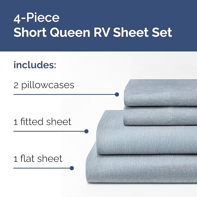 Short Queen Size 4 Piece Sheet Set - RV Short Queen, Soft, Breathable & Cooling Bed Sheets Set with Deep Pockets - Hotel Luxury Bedding for Women & Men - Wrinkle Free & Fade Resistant - Heathered Blue