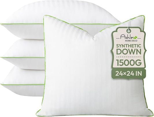Ashler Home Deco Synthetic Down Pillow Inserts, 24x24 Down Alternative Throw Pillows Insert Sleeping Pillows with 100% Cotton Cover Decorative Pillow Stuffer for Sofa, Couch Bed(Set of 4, White)