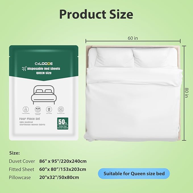 2 Pack Disposable Bed Sheets Queen, Disposable Travel Sheets for Travel with Quilt Cover and Pillowcase, Disposable Bedding Travel Bedding Disposable Sheets for Hotel Hospital