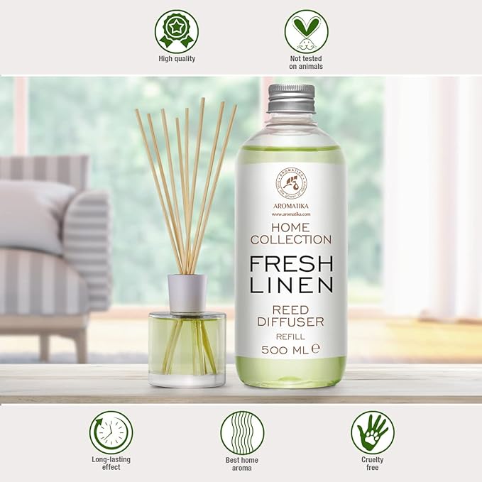 Reed Diffuser Refill Fresh Linen 17.0 Fl Oz (500ml) - Room Diffuser Refill - Home Fragrance - Scented Diffuser - Fresh Aroma - Room Fragrance - Fresh Linen Scent - Room Freshener