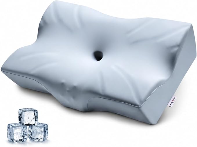DOBUONO Cervical Neck Pillow - Side Sleeper Pillow for Neck Pain Relief, Odorless Memory Foam Pillow with Cooling Cover & Dual Height, Ergonomic Contour for Neck & Shoulder Support, Blue