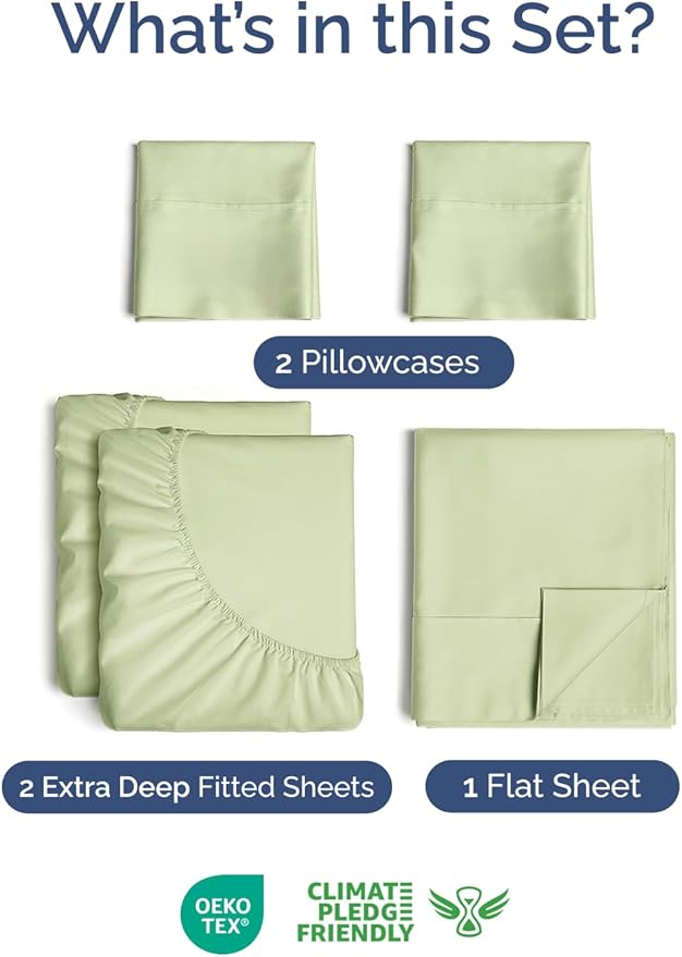 Extra Deep Split King Sheet Set - 5 Piece Breathable & Cooling Bed Sheets - Easily Fits 18-24 inch Mattress - Soft, Wrinkle & Fade Free w/ Extra Deep Pockets - Hotel Luxury Bedding - Light Sage Green