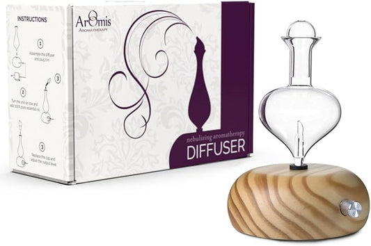 ArOmis Premium Glass Essential Oils Nebulizer - Waterless Diffuser for Aromatherapy - Handmade Oil Diffuser, Wooden Base, No Plastic, No Heat, No Battery, No LEDs - Orbis Lux Eros