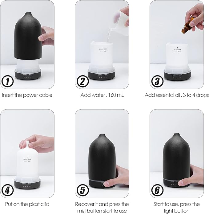 Stone Diffuser, Ceramic Essential Oil Diffuser, Humidifier 160ml Ultrasonic Oil Diffuser for Aramatherapy. (Black)