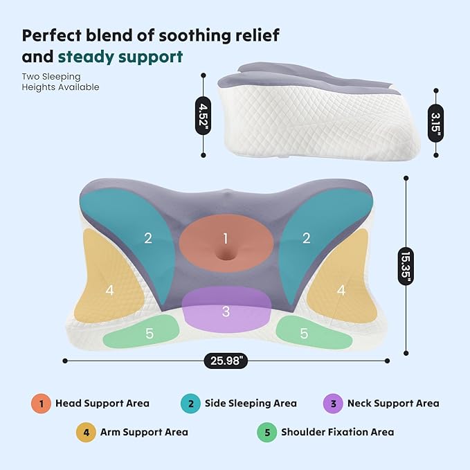 Sweetcrispy Cooling Ergonomic Memory Foam Cervical Pillow for Neck and Shoulder, Orthopedic Neck Support for Back Stomach Sleepers, Contour Side Sleeper for Adults, Queen, Dark Grey