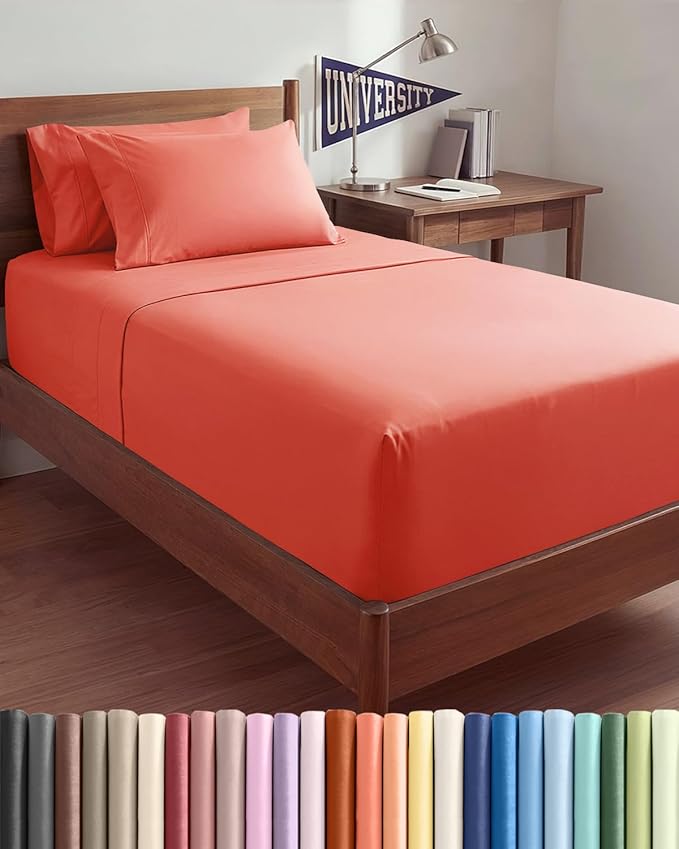Extra Deep Twin XL Sheet Set - 4 Piece Breathable and Cooling Sheets - Hotel Luxury Bedding for Women, Men, Kids & Teens - Easy & Secure Fit - Soft, Wrinkle Free and Comfy - Extra Deep Pockets - Coral