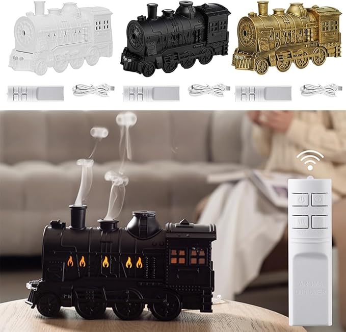300ml Steam Train Essential Oil Diffuser Cool Mist Humidifier with Retro Design Ultra-Quiet Operation Dual Ambient Light Modes Auto Shut-Off for Bedroom or Office(Green)