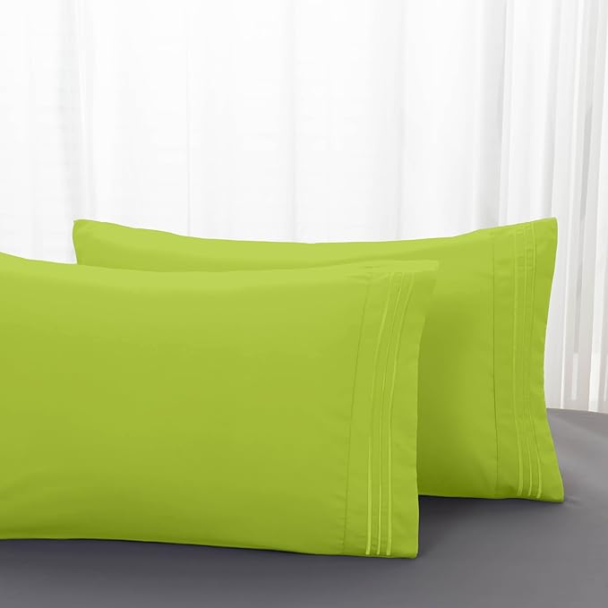 Mocassi 2-Piece Premium King Pillowcase Set 1800 Series Hotel Quality Microfiber - Soft and Breathable with 3-Line Embroidery Wrinkle and Stain Resistant, Easy Care, 20" x 40", Lime