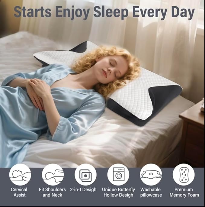 Cervical Neck Pillow for Sleeping, Contoured Ergonomic Memory Foam Cervical Pillow for Side, Back & Stomach Sleepers, Cervical Pillow with Washable Breathable Cover (Grey, 24.5 x 15 x 4.72 inches)