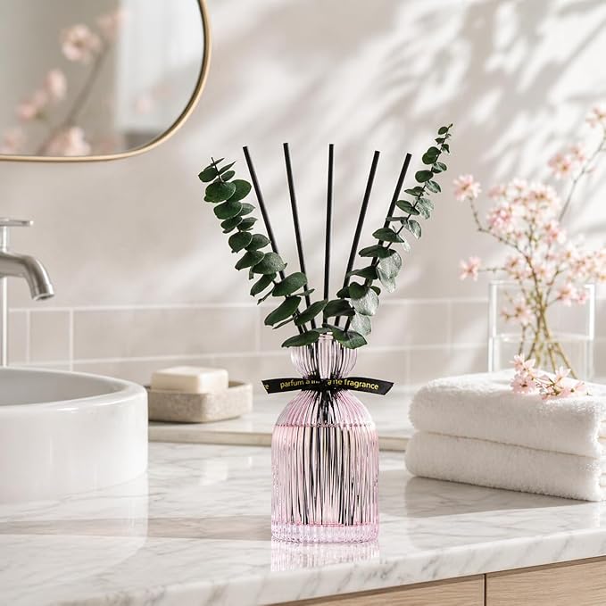 Airkeep Reed Diffuser Set 6.76 oz – Cherry Blossom Home Fragrance with Eucalyptus Sticks – Decorative Glass Bottle for Bathroom, Bedroom & Living Room Décor – Gift Ready