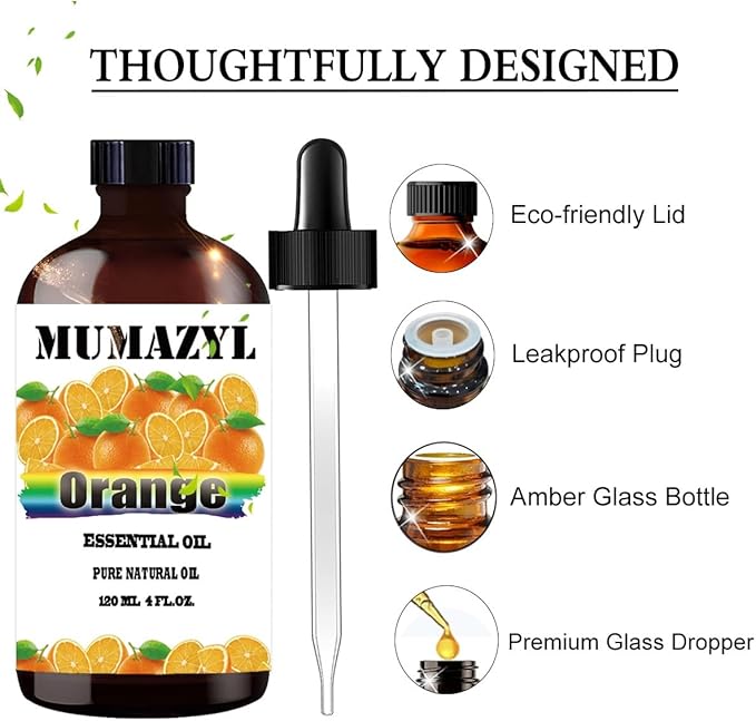 Sweet Orange Essential Oil, Sweet Orange Oil 4 Fl Oz 120ML for Diffuser Humidifier Yoga Cleaning DIY Candle Soap Making MUMAZYL Essential Oils