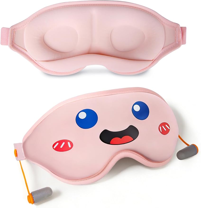 3D Blackout Sleep Mask with Ear Plugs Adjustable Soft Travel Eye Mask for Airplane & Night Sleeping Pink