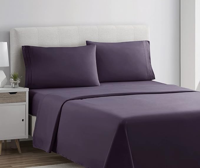 Clara Clark Bed Sheets, Premier 1800 Series 4 Piece Bed Sheet Set, Deep Pocket, Wrinkle, Fade, Stain Resistant, Luxury Soft Bedding Sheets & Pillowcases, California King, Purple Eggplant