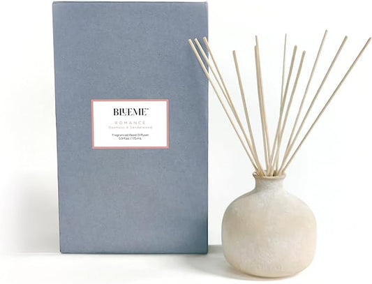 Blueme Romance Diffuser | Oakmoss & Sandalwood | 5.92 Fl Oz - Refillable Wellness Diffuser, Contains Essential Oil, Sustainable, Hand Finished, Premium, Luxury Ceramic, Natural Rattan Reeds, | Small