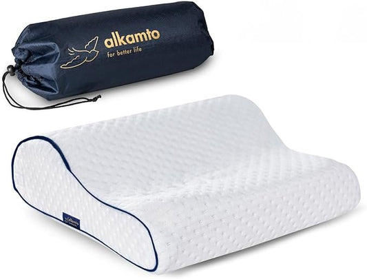 alkamto Travel & Camping Comfortable Memory Foam Pillow – Easy to Carry Portable Bag – Temperature Regulating Pillow Case (White Contour)