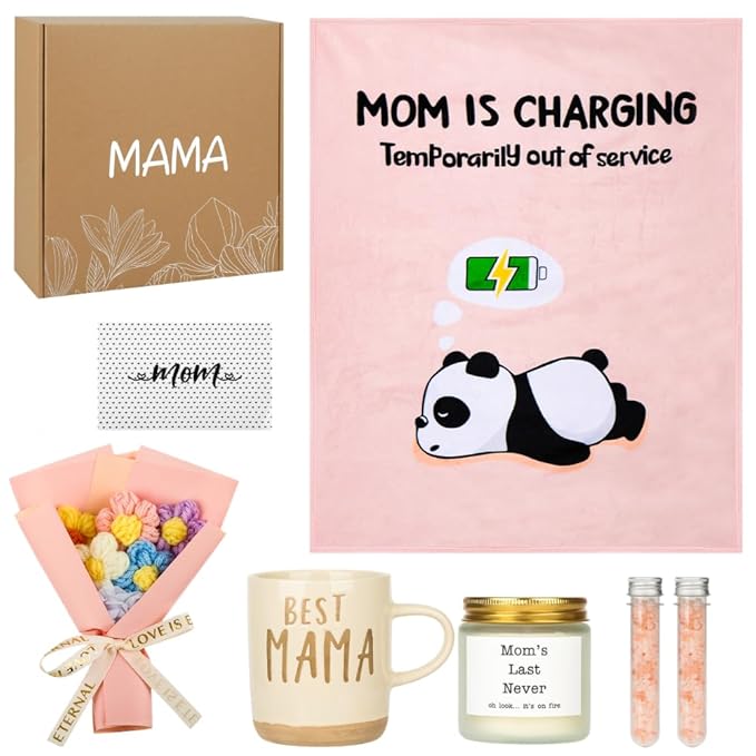 Mother's Day Gifts for Mom – 8 Piece Self Care Spa Gift Set with Cozy Blanket, Mama Mug, Candle & Bath Bombs – Birthday Gift Basket for Women from Daughter Son, Mommy Gift Box