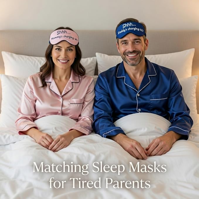 Shhh... Mommy Charging, Shhh... Daddy Charging Funny Sleep Mask Set for Dad, Mom, Parents & New Parents. Napping Gift for Father's Day, Mother's Day, Birthday, Christmas Stocking Stuffer.