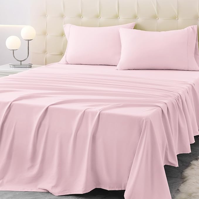 King Size Bed Sheet Set - 4 Piece Soft Microfiber Sheets with Deep Pockets, Cooling Technology, and Wrinkle-Free Pillowcase. Hotel-Quality, Durable Bedding, Light Pink