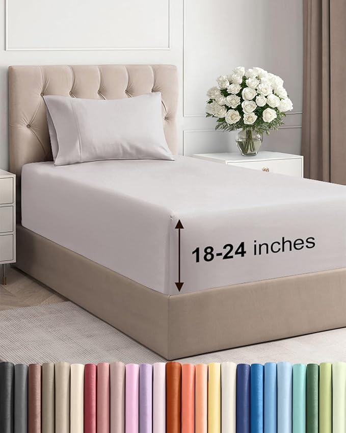Extra Deep Twin Sheet Set - 3 Piece Breathable & Cooling Bed Sheets - Easily Fits 18 to 24 inch Mattress - Ultra Soft, Wrinkle & Fade Free with Extra Deep Pockets - Hotel Luxury Bedding - Light Grey