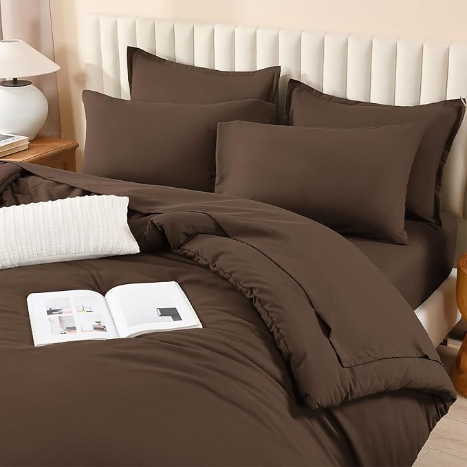 Litanika Oversized King Comforter Sets Brown - 7 Pieces Bed in a Bag Oversized King Bedding Comforter Sets, Solid Lightweight Bed Set with Comforter, Sheets, Pillowcases & Shams