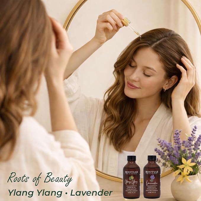 Lavender & Ylang Ylang Essential Oils Set – 100% Pure & Natural Diffuser Oils for Sleep, Stress Relief, Mood Support & Romantic Atmosphere – Premium Duo 4 FL OZ / 118 ML Per Bottle