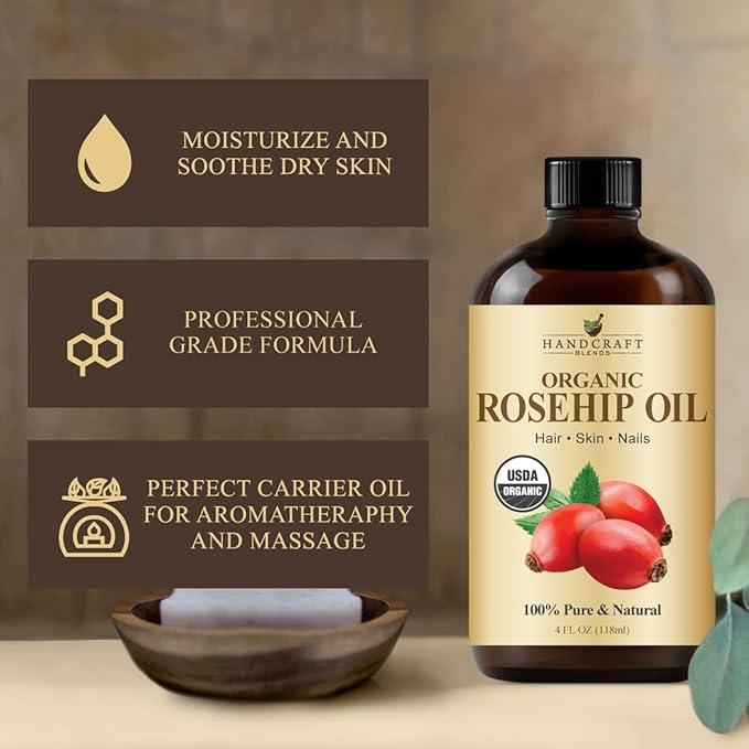 Handcraft Blends Cold-Pressed Organic Rosehip Oil | 4 Fl Oz | 100% Pure and Natural | Premium Grade Oil | Face, Skin and Hair | Protect | Nourish | Carrier Oil