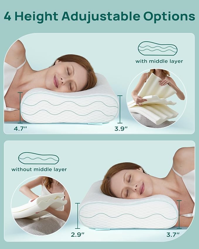 Releep Cervical Neck Pillow, Side Sleeper Pillow for Neck Pain Relief, Adjustable Contour Pillow for Sleeping, Ergonomic Memory Foam Pillow, Orthopedic Cooling Pillow Back Stomach Sleeping, Queen Soft