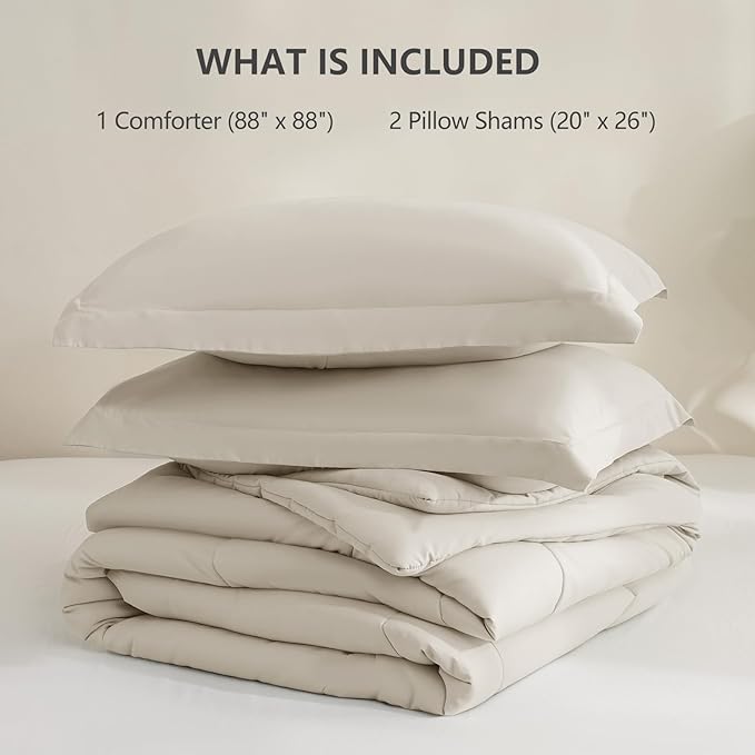 CozyLux Queen Size Comforter Sets Beige - 3 Pieces Box Stitched Queen Bed Set for All Seasons, Soft Lightweight Bedding Sets with 1 Down Alternative Comforter and 2 Pillow Shams