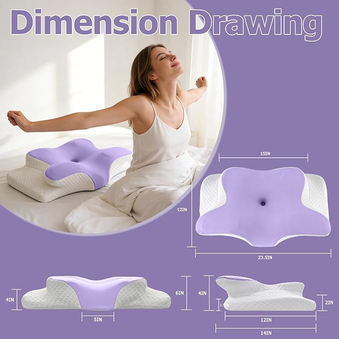 Memory Foam Neck Pillow - Adjustable Orthopedic Contour Pillow for Neck & Shoulder Support, Odorless, Side Back Stomach Sleeper Friendly, Enhanced Spinal Alignment - Light Purple
