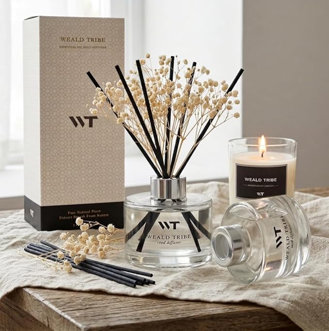 Flower Reed Diffuser Set Gardenia Scent for Bathroom Accessories Shelf Decor & Air Fresheners, Sticks Defusers with 5.1 fl oz Essential Oils & Leaves, House Bedroom Office Decor & Gifts