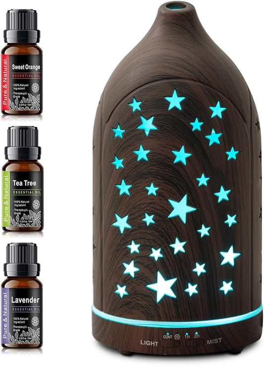 Aromatherapy Diffusers,7.1''x3.5''Diffuser with 3 Essential Oil Set,Small 200ml Office Desk Humidifier with 7 LED Colors Night Lights,Waterless Auto-Off for Home Decor Gift (Star Dark Wood Grain)