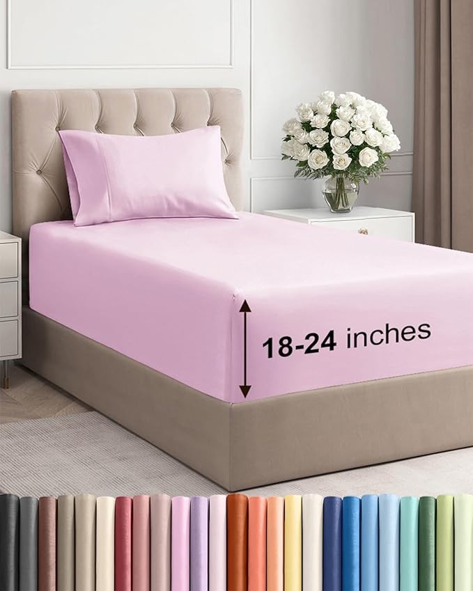 Extra Deep Twin Sheet Set - 3 Piece Breathable & Cooling Bed Sheets - Easily Fits 18 to 24 inch Mattress - Ultra Soft, Wrinkle & Fade Free with Extra Deep Pockets - Hotel Luxury Bedding - Light Pink