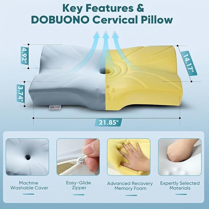 DOBUONO Cervical Neck Pillow - Side Sleeper Pillow for Neck Pain Relief, Odorless Memory Foam Pillow with Cooling Cover & Dual Height, Ergonomic Contour for Neck & Shoulder Support, Blue