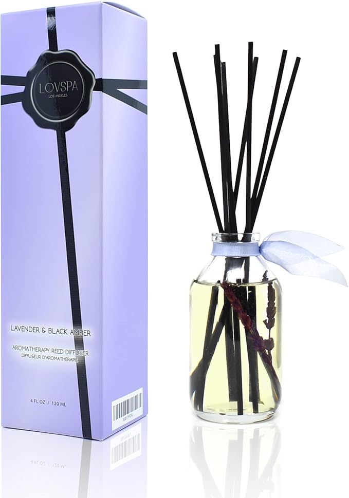 Reed Diffuser Set, Lavender & Black Amber Scented Oil Diffuser with Sticks, Home Fragrance Accessories for Bathroom Shelf Decor, Aroma Diffusers for Home or Office Desk, USA Made